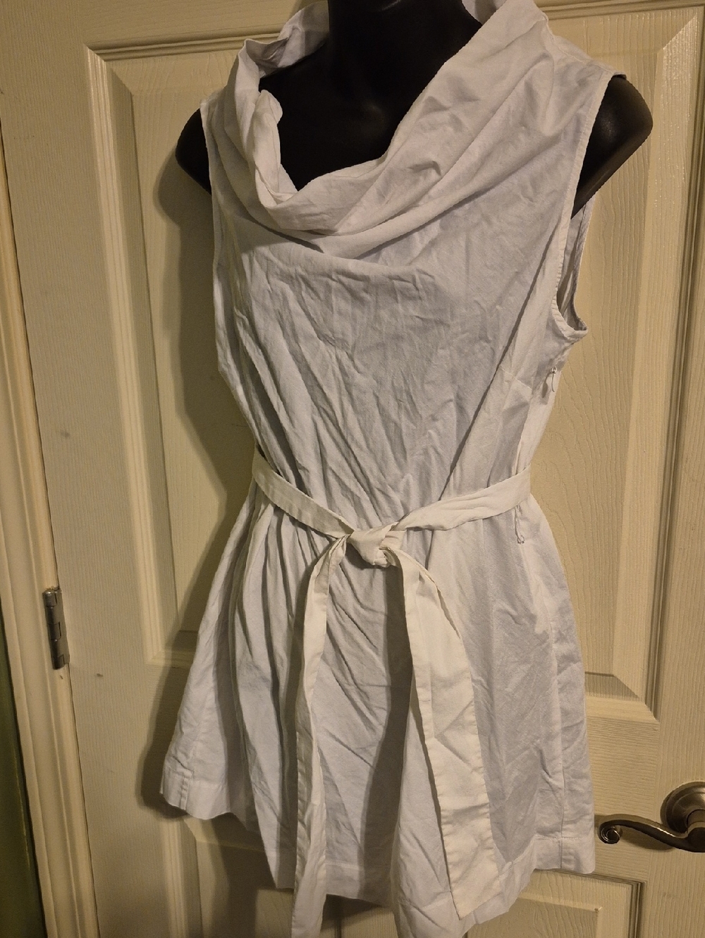 White Cowl-Neck Mini Dress with Waist Tie